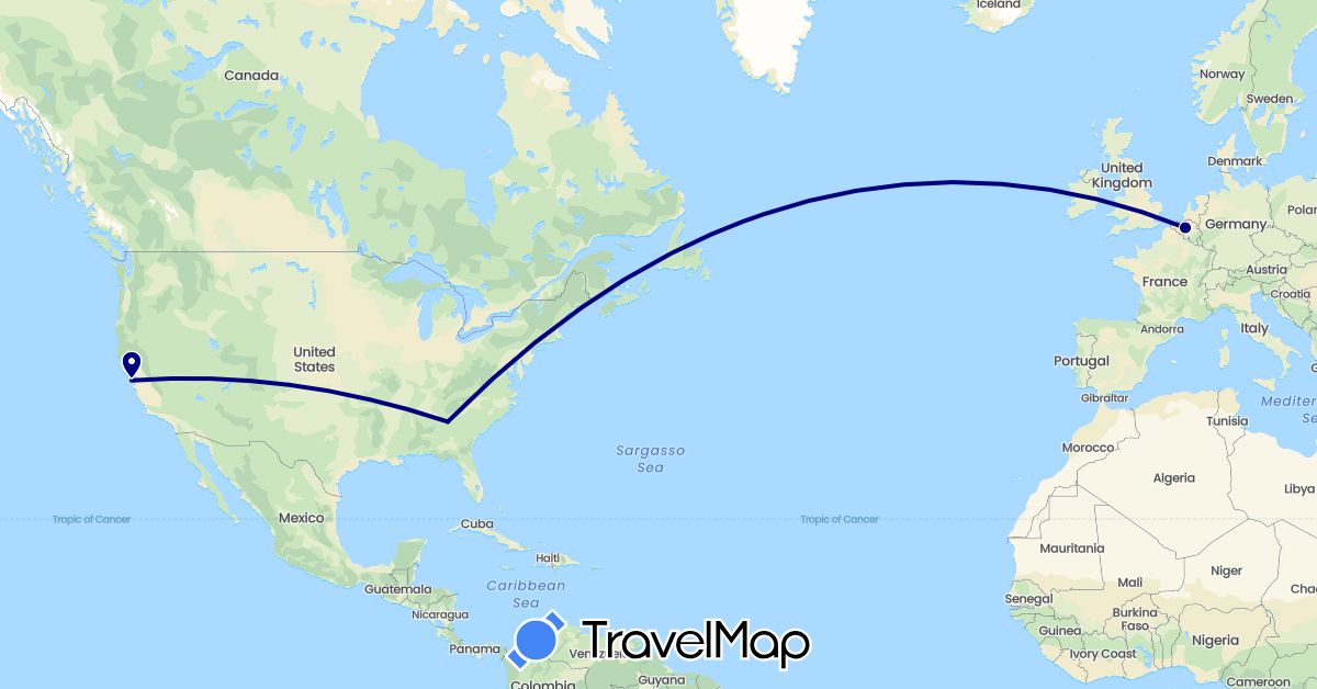 TravelMap itinerary: driving in Belgium, United States (Europe, North America)